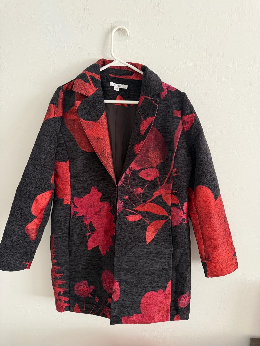 Chico's Black Jacket with Red Floral Print